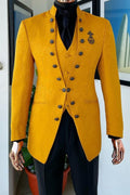 Golden Yellow Jacquard Stand Collar 3 Piece Suits For Men