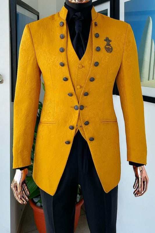 Golden Yellow Jacquard Stand Collar 3 Piece Suits For Men