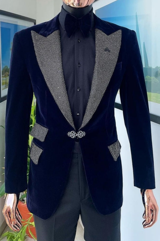 Trendy Dark Navy Velvet Peaked Lapel Suits For Men Main image