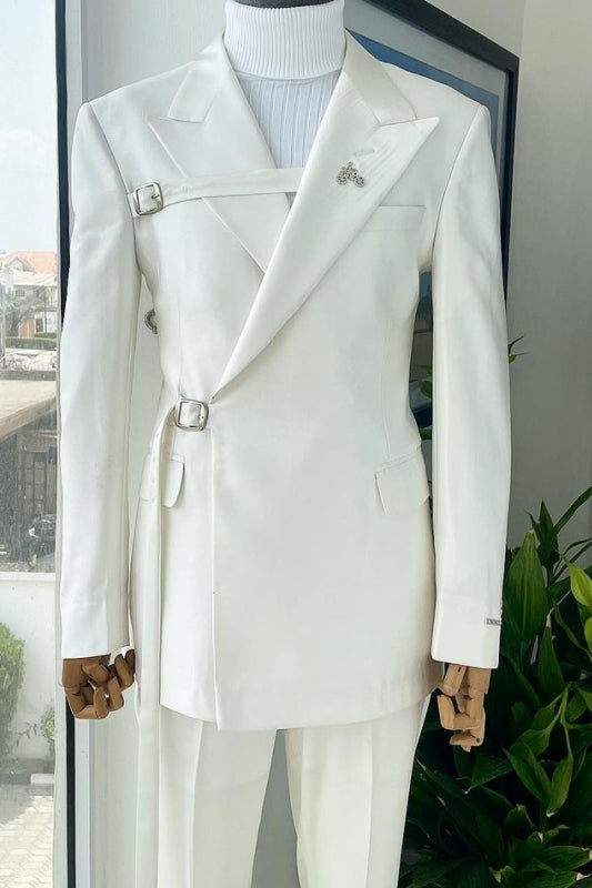 Decent White Peaked Lapel Buckle Belt Men Suits Main image