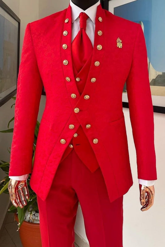 Charming Red Jacquard Stand Collar 3 Piece Suits For Men