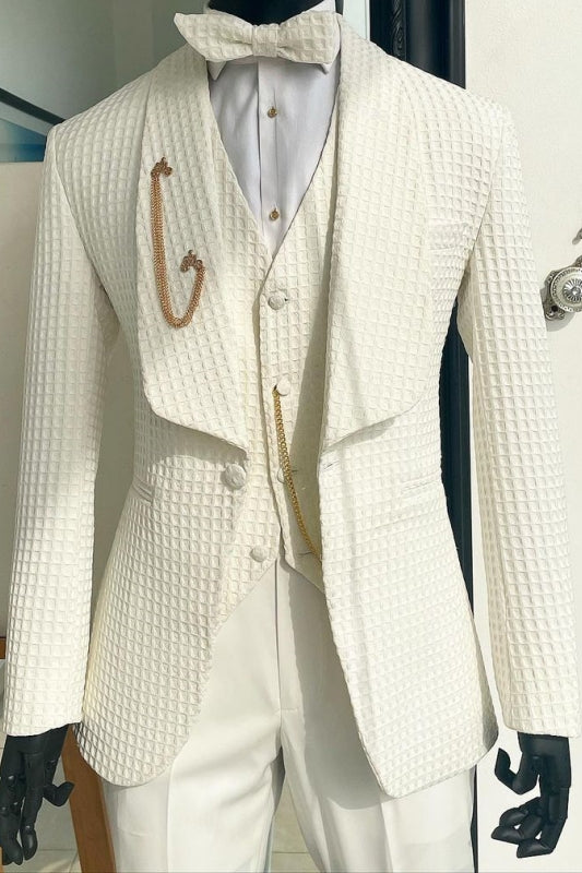 Elegant White Plaid Shawl Lapel 3 Pieces Classy Men Suits Main image