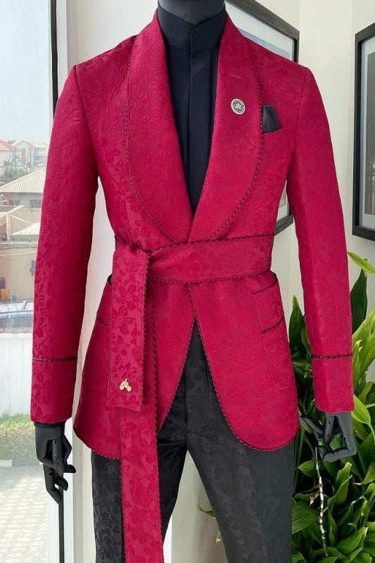 Bespoke Red Jacquard Shawl Lapel Men Suits With Belt Main image