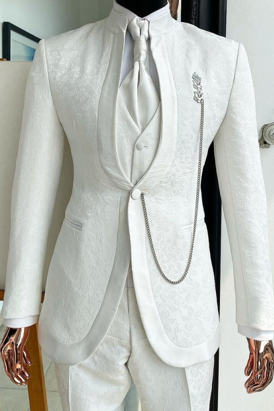Modern White Jacquard Stand Collar 3 Piece Suits For Men