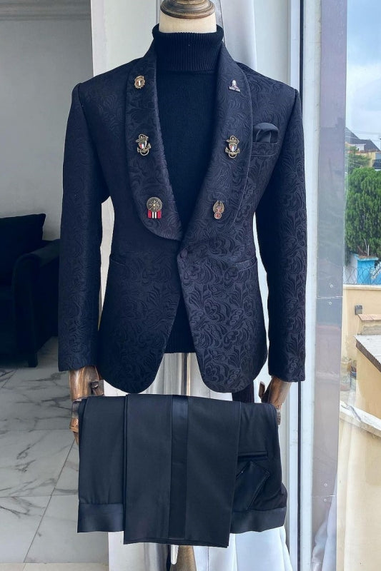 Popular Black One Button Jacquard Shawl Lapel Suits For Men Main image