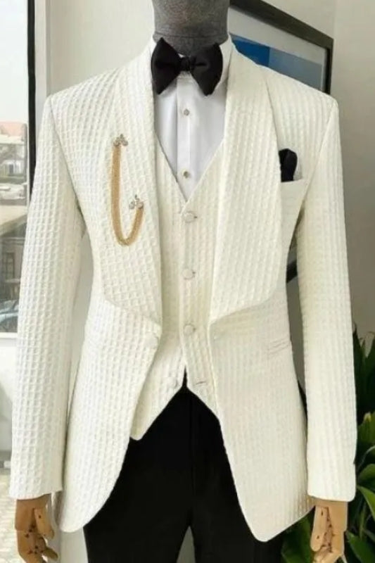 Classic White Plaid Shawl Lapel 3 Pieces Fashion Men Suits