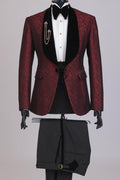 Burgundy One Button Jacquard Shawl Lapel Fancy Men Suits