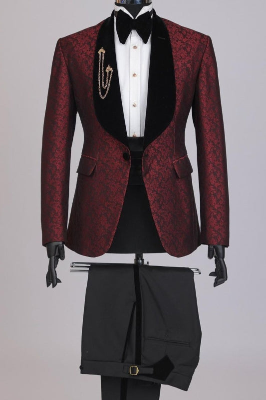 Burgundy One Button Jacquard Shawl Lapel Fancy Men Suits