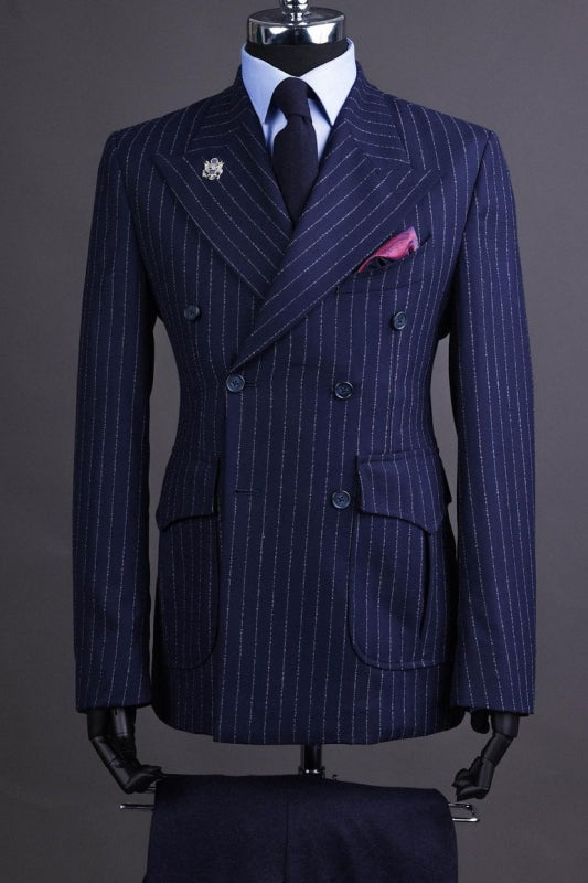 Decent Dark Blue Striped Peaked Lapel Double Breasted Men Suits Main image