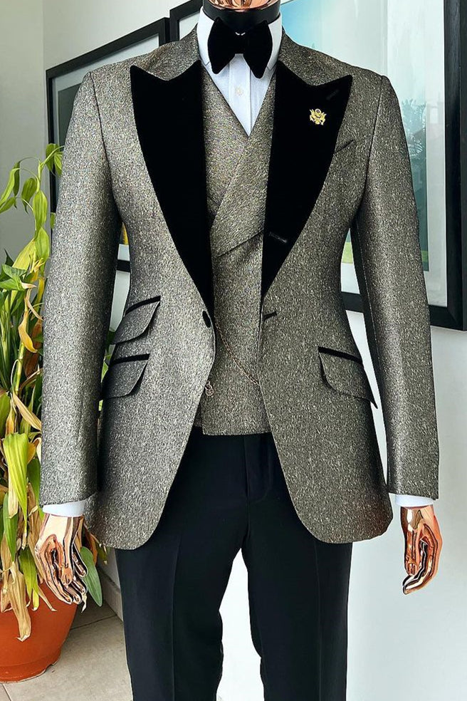 Gold Glitter Gray Peaked Lapel 3 Piece Men Suits