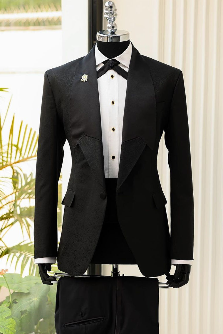 Unique Design Black Jacquard Shawl Lapel Men Suits