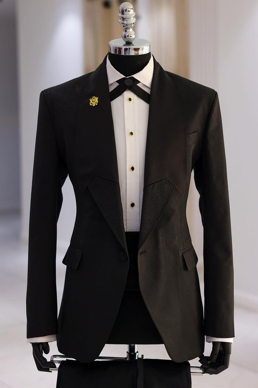 Unique Design Black Jacquard Shawl Lapel Men Suits