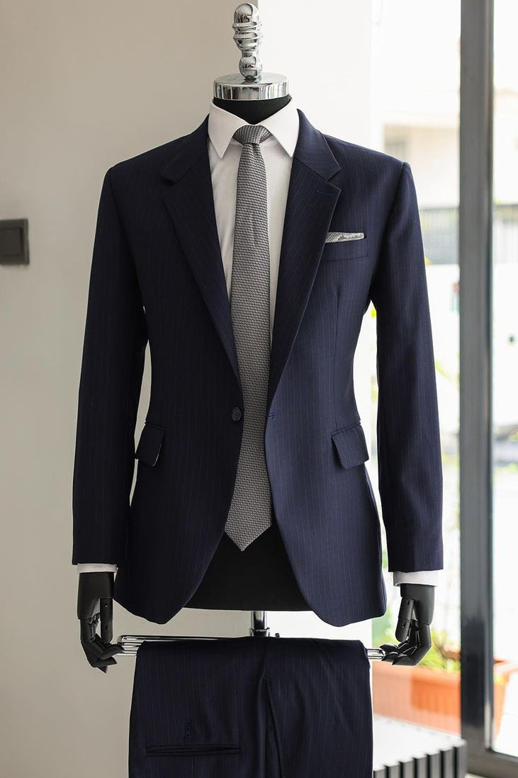 Stylish Navy Striped Notched Lapel Slim Fit Men Suits Main image