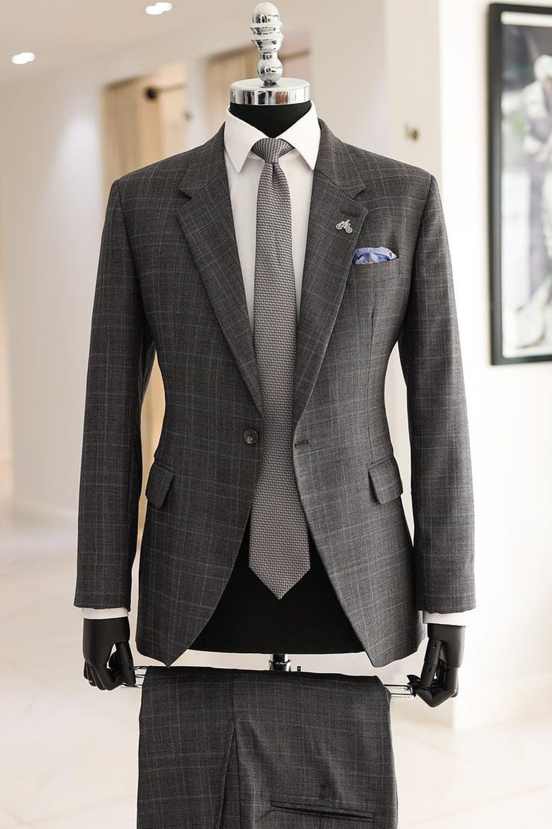 Best Fitted Gray Plaid Notched Lapel Chic Men Suits
