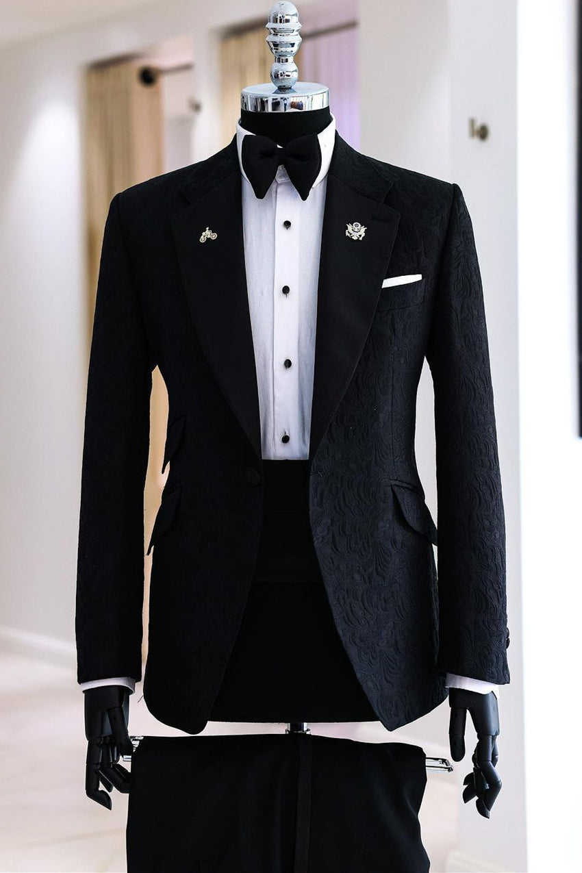 Fancy Navy Jacquard Notched Lapel Close Fitting Men Suits