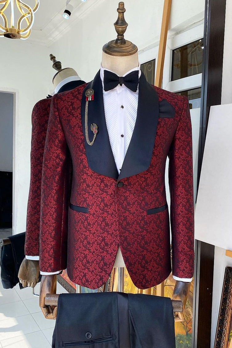 Burgundy One Button Jacquard Shawl Lapel Stylish Men Suits Main image