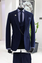 Dark Blue Striped Peaked Lapel 3 Piece Men Suits