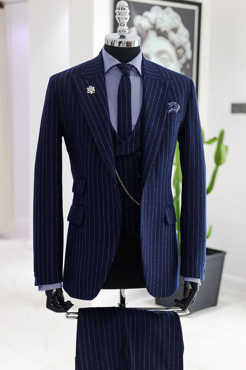 Dark Blue Striped Peaked Lapel 3 Piece Men Suits