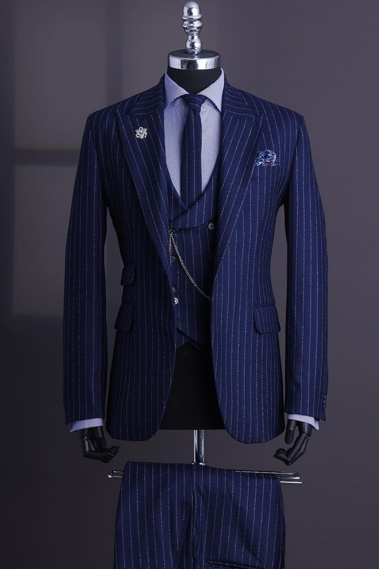 Dark Blue Striped Peaked Lapel 3 Piece Men Suits