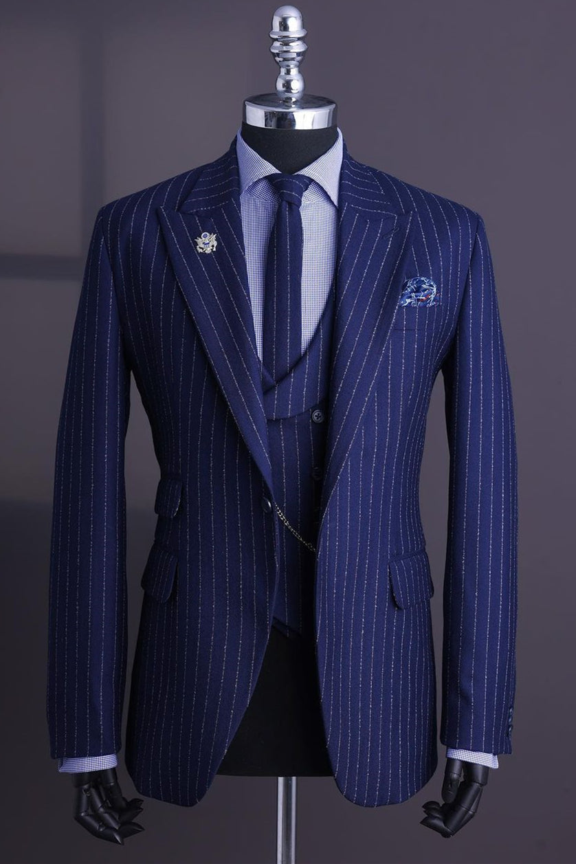 Dark Blue Striped Peaked Lapel 3 Piece Men Suits