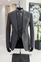 Bespoke Gray Striped Peaked Lapel 3 Piece Men Suits