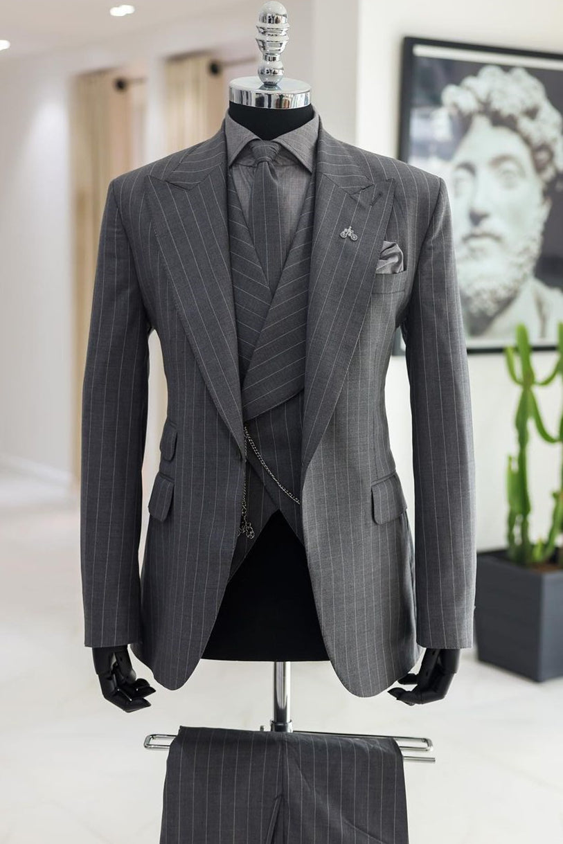 Bespoke Gray Striped Peaked Lapel 3 Piece Men Suits