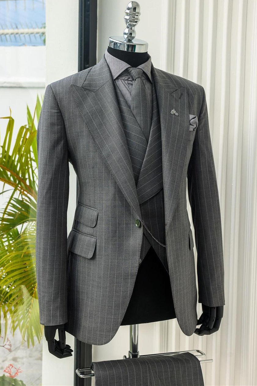Bespoke Gray Striped Peaked Lapel 3 Piece Men Suits Secondary image
