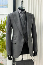 Bespoke Gray Striped Peaked Lapel 3 Piece Men Suits